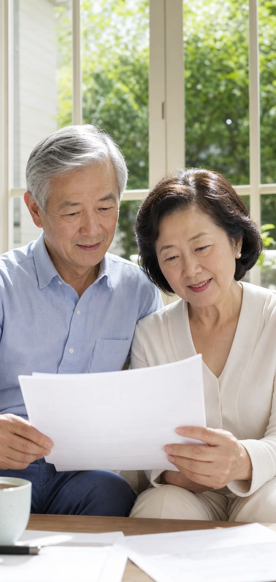 A retired couple reviewing an income statement in a sunroom