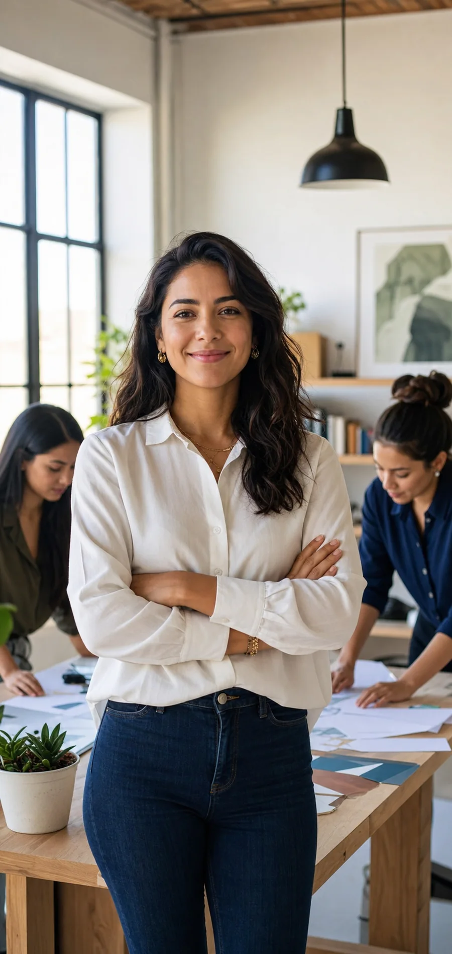 A business owner standing in her studio with her team