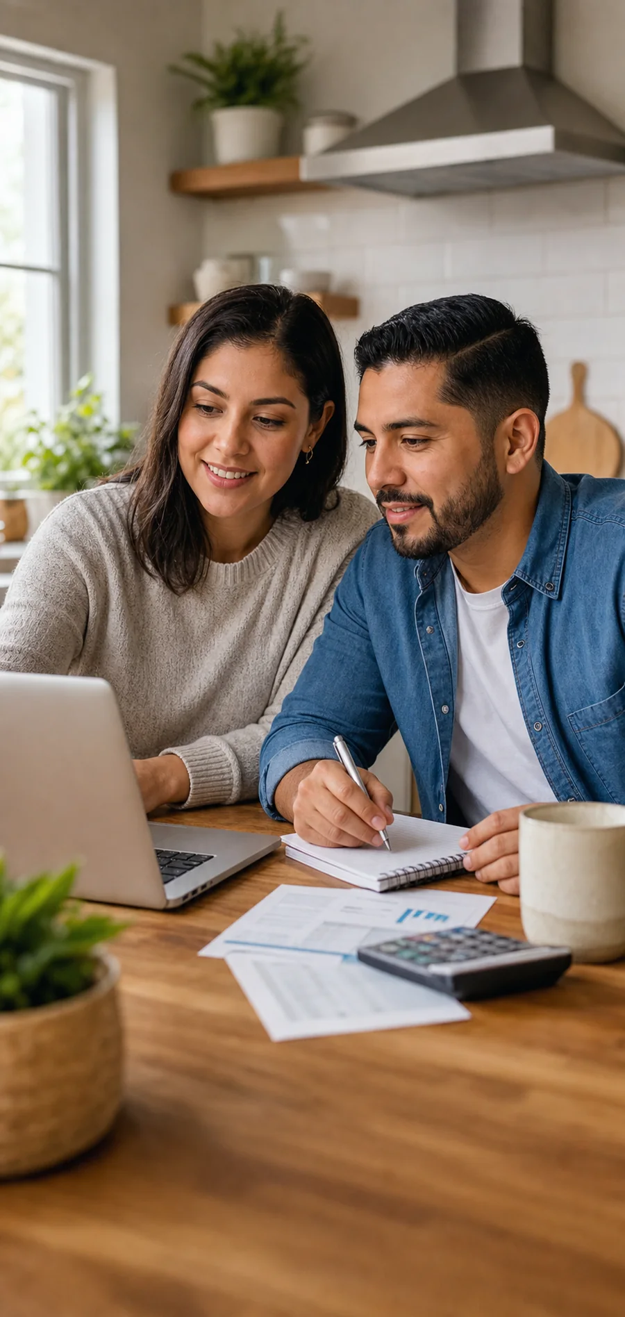 A Hispanic couple reviewing finances at their kitchen table