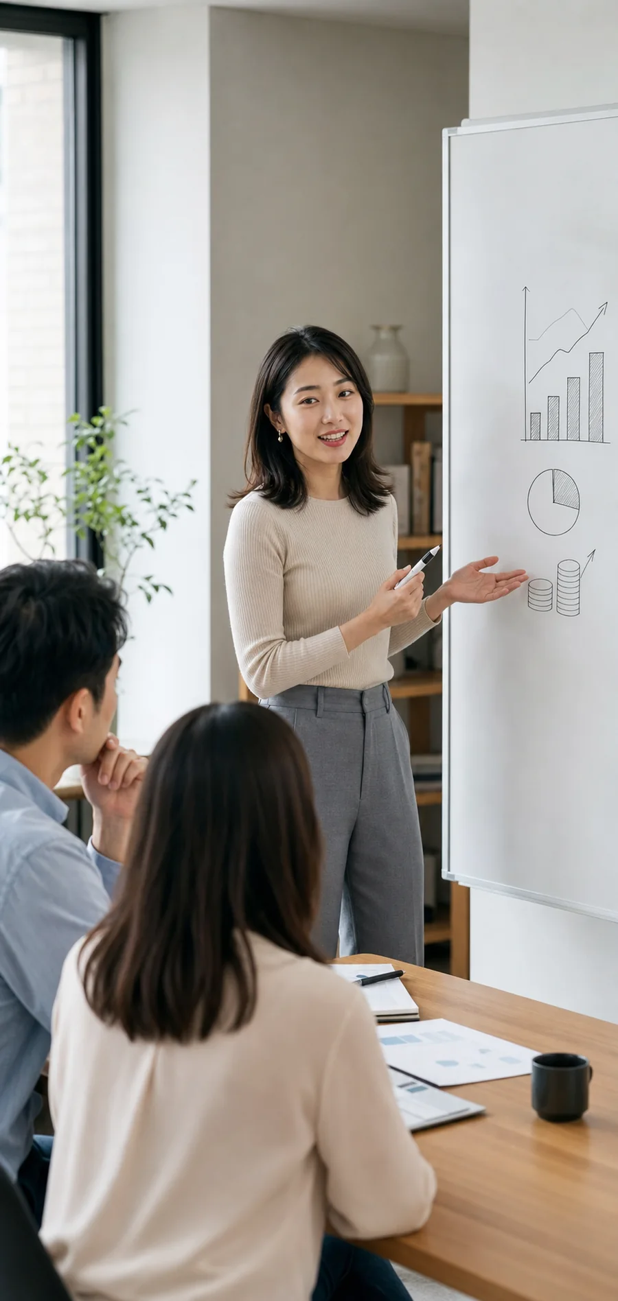 A financial educator explaining a chart to two clients