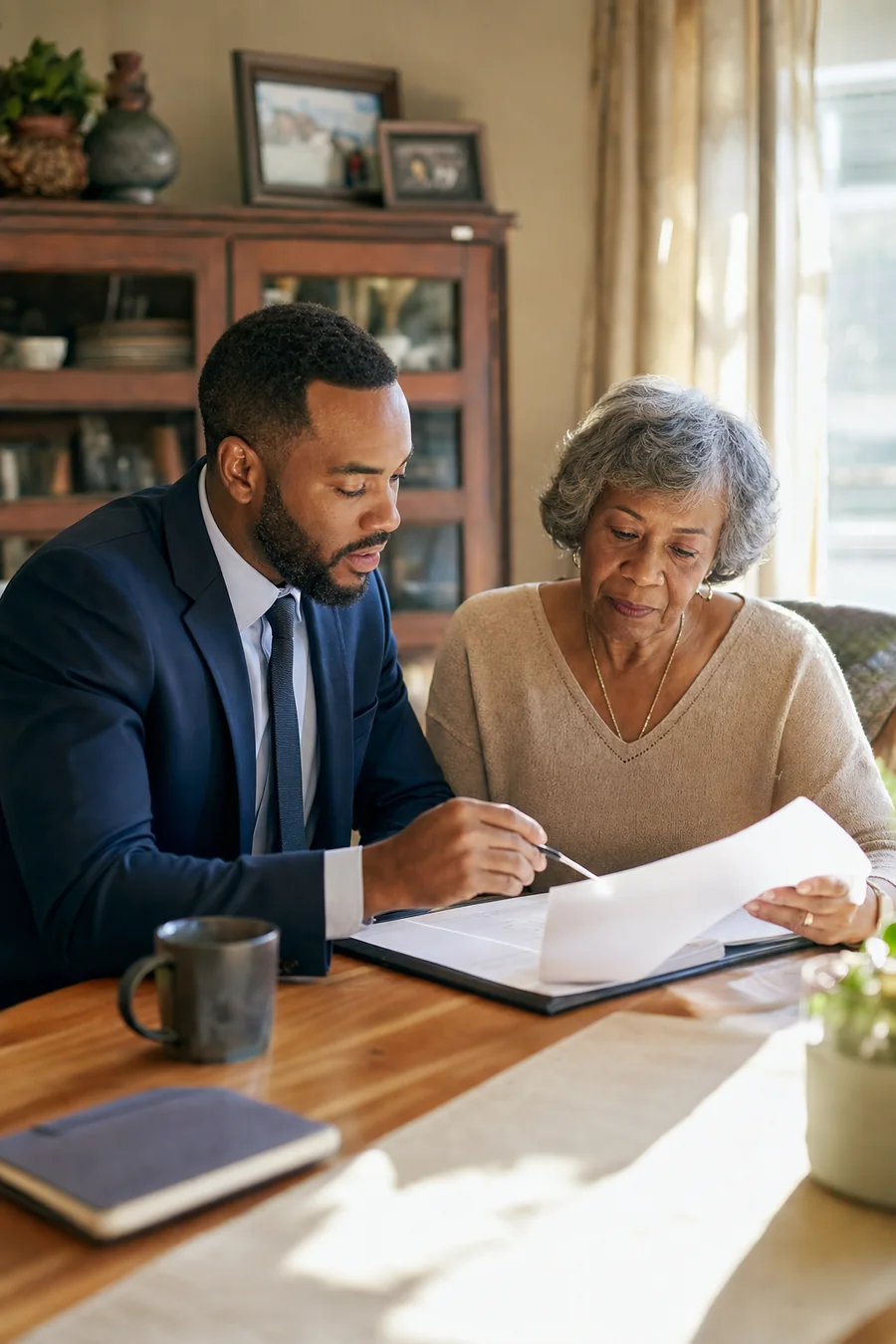 An advisor reviewing beneficiary paperwork with an older client