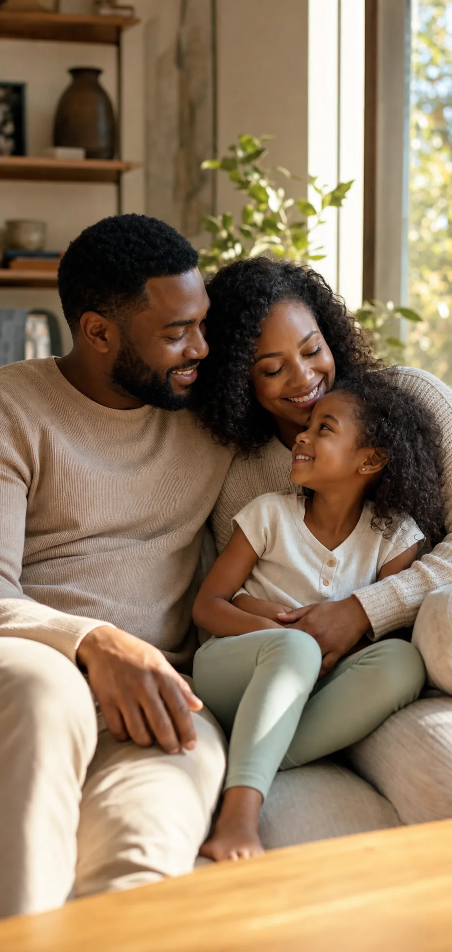 A Black family of three together on a sofa at home