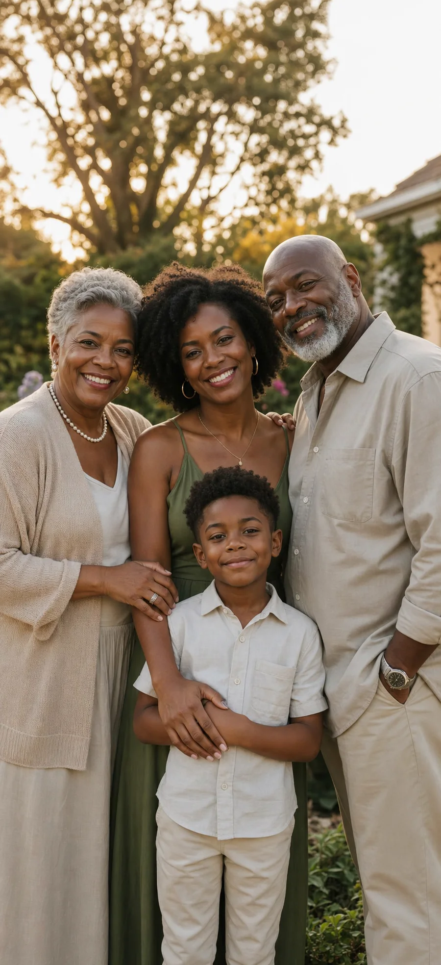 Three generations of a family together in a garden