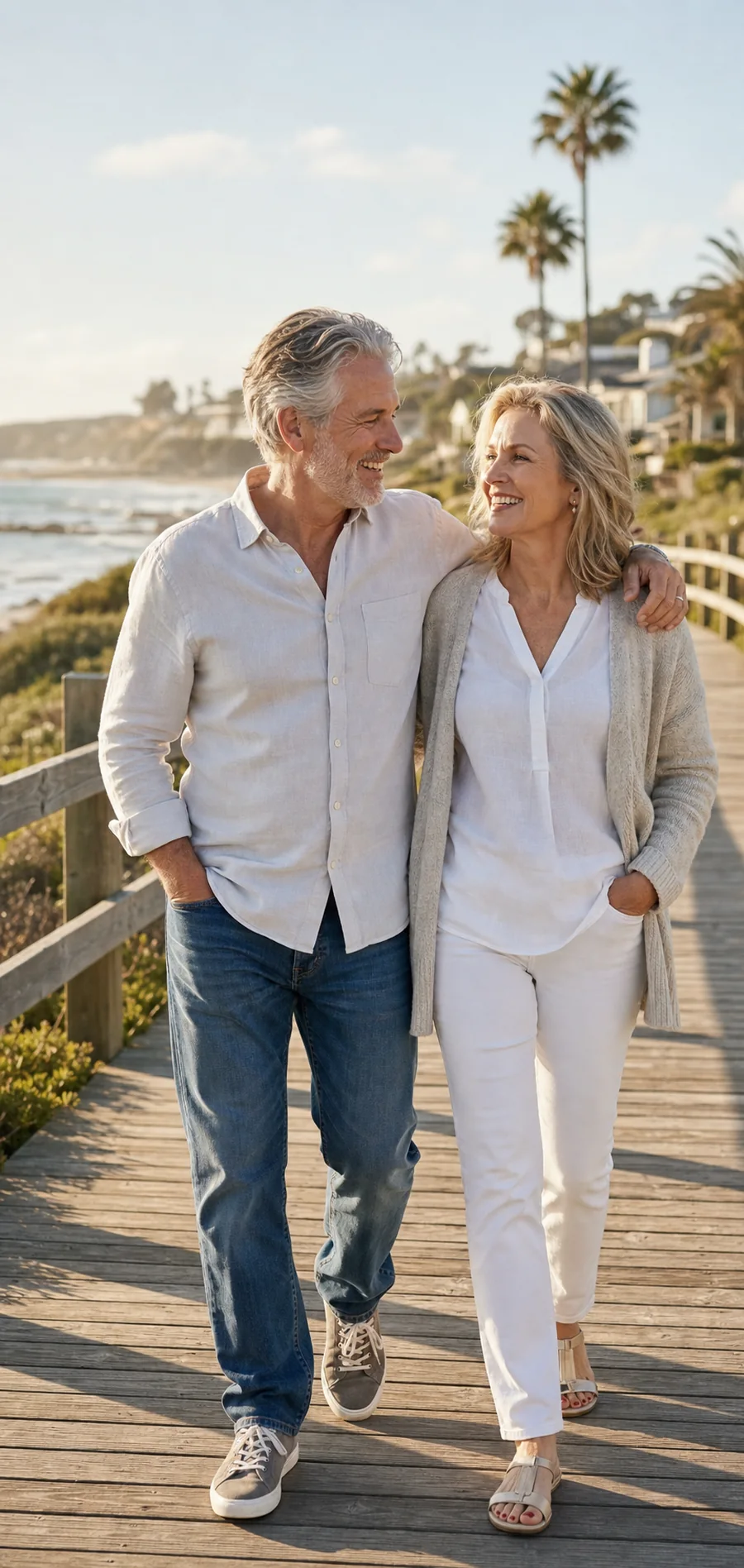 A couple in their sixties walking a coastal boardwalk
